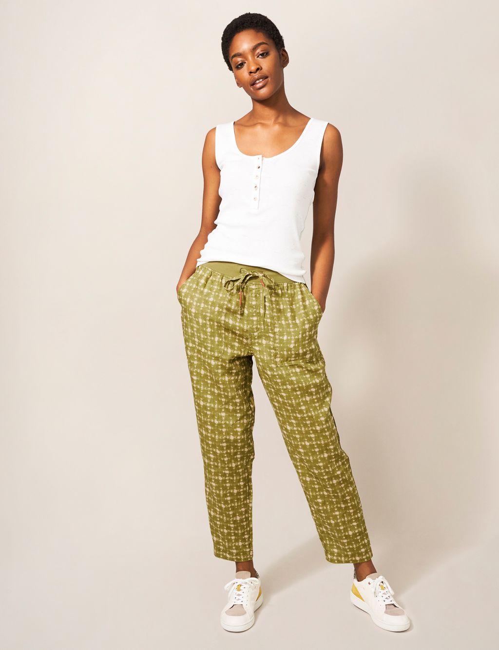 Pure Linen Printed Ankle Grazer Trousers image 1