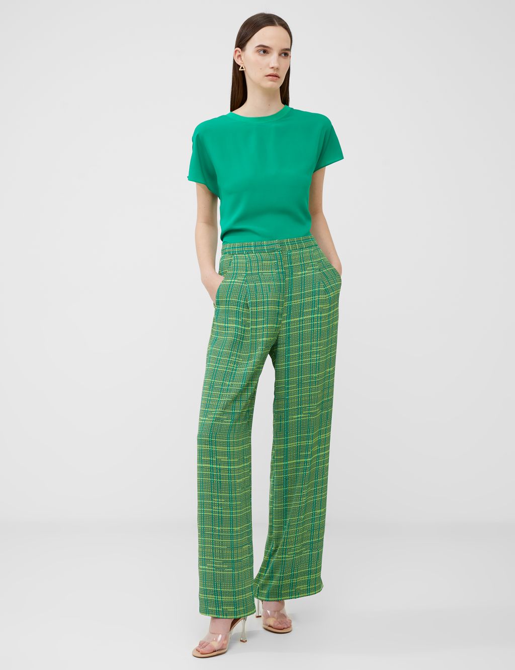 Crepe Checked Straight Leg Trousers