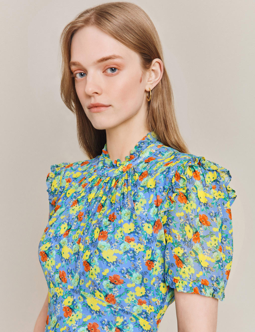 Floral High Neck Midi Waisted Dress image 3