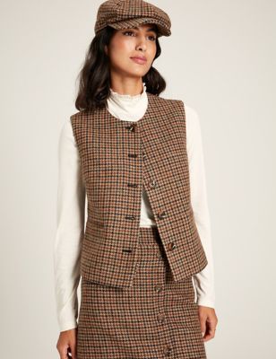 Joules Women's Wool Rich Tweed Checked Gilet - 16 - Brown Mix, Brown Mix