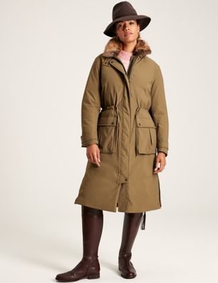 Joules Womens Waterproof Padded Hooded Parka With Faux Fur - 10 - Brown Mix, Brown Mix