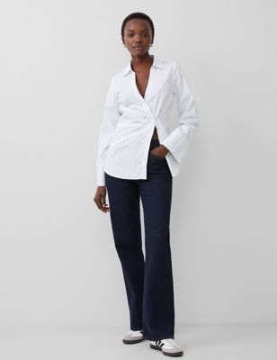 French Connection Womens Cotton Rich Striped Asymmetric Collared Shirt - XS - White Mix, White Mix