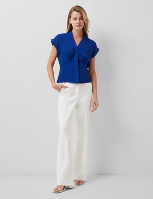 French Connection Womens V-Neck Fitted Button Through Blouse - Blue, Blue,White,Red
