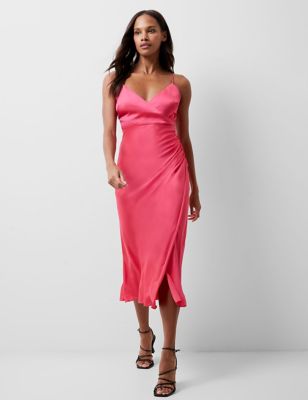 French Connection Womens Satin V-Neck Midi Slip Dress - 16 - Pink, Pink,Brown
