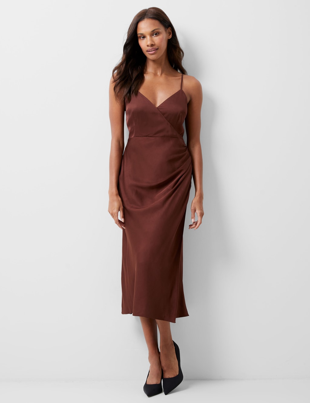 Satin V-Neck Midi Slip Dress