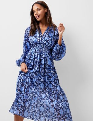 French Connection Womens Floral V-Neck Midi Relaxed Skater Dress - 6 - Blue Mix, Blue Mix