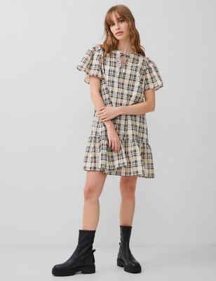 French Connection Womens Cotton Rich Checked Mini Tiered Dress - XS - Black Mix, Black Mix