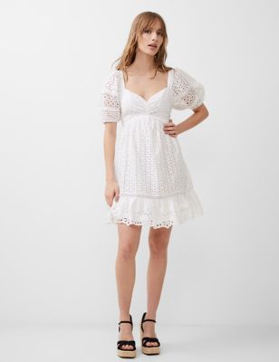 French Connection Women's Pure Cotton Broderie Sweetheart Neckline Mini Skater Dress - 6 - White, Wh