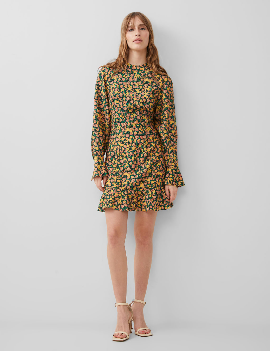 Floral Funnel Neck Mini Shirred Dress