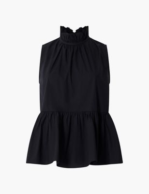 French Connection Womens Pure Cotton Sleeveless Peplum Top - Black, Black,White