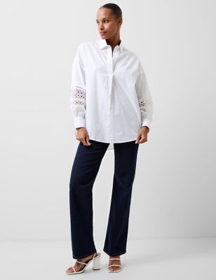 French Connection Women's Pure Cotton Embroidered Collared Shirt - White, White,Blue
