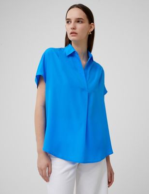 French Connection Womens Crepe Collared Popover Blouse - Blue, Blue,Orange