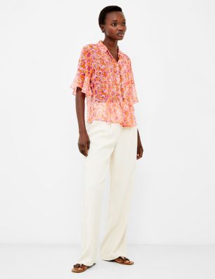 French Connection Women's Floral Collared Short Sleeve Shirt - XS - Orange Mix, Orange Mix