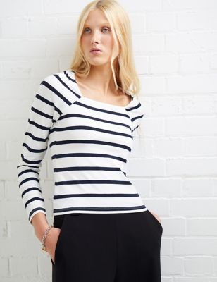 French Connection Women's Cotton Rich Striped Square Neck Top - White Mix, White Mix