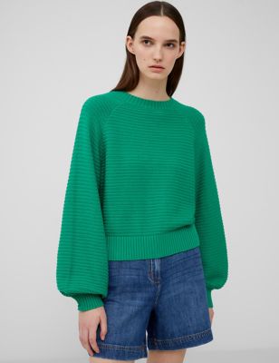 French Connection Women's Pure Cotton Ribbed Round Neck Jumper - XS - Green, Green,White,Pink