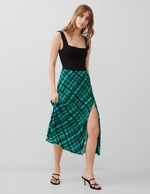 French Connection Women's Checked Midi A-Line Skirt - 6 - Green Mix, Green Mix