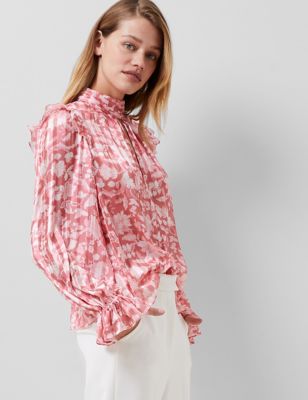 French Connection Womens Floral High Neck Frill Detail Blouse - 6 - Pink Mix, Pink Mix,Blue Mix