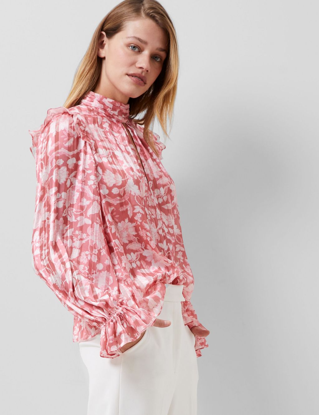 Floral High Neck Frill Detail Blouse