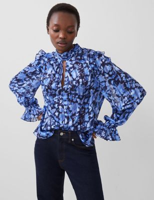 French Connection Womens Floral High Neck Frill Detail Blouse - 6 - Blue Mix, Blue Mix,Pink Mix