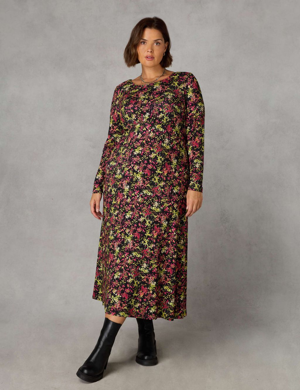Jersey Ditsy Foral Midi Waisted Dress