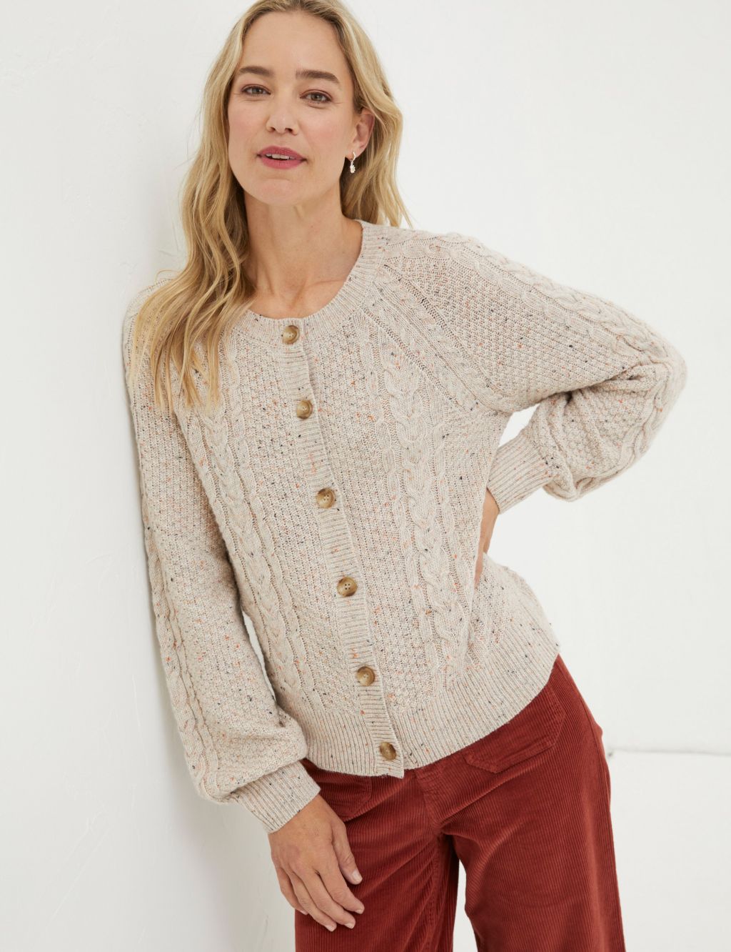 Cable Knit Crew Neck Cardigan with Wool