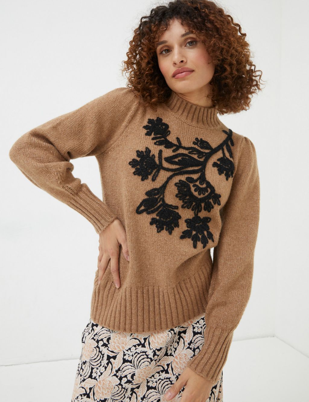 Embroidered Funnel Neck Jumper with Cotton