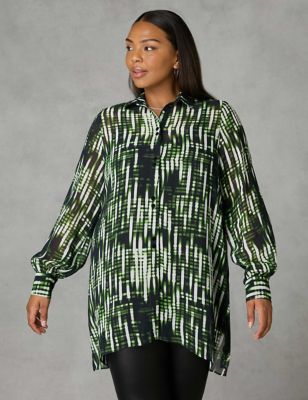Live Unlimited London Women's Printed Collared Relaxed Shirt - 14 - Green Mix, Green Mix