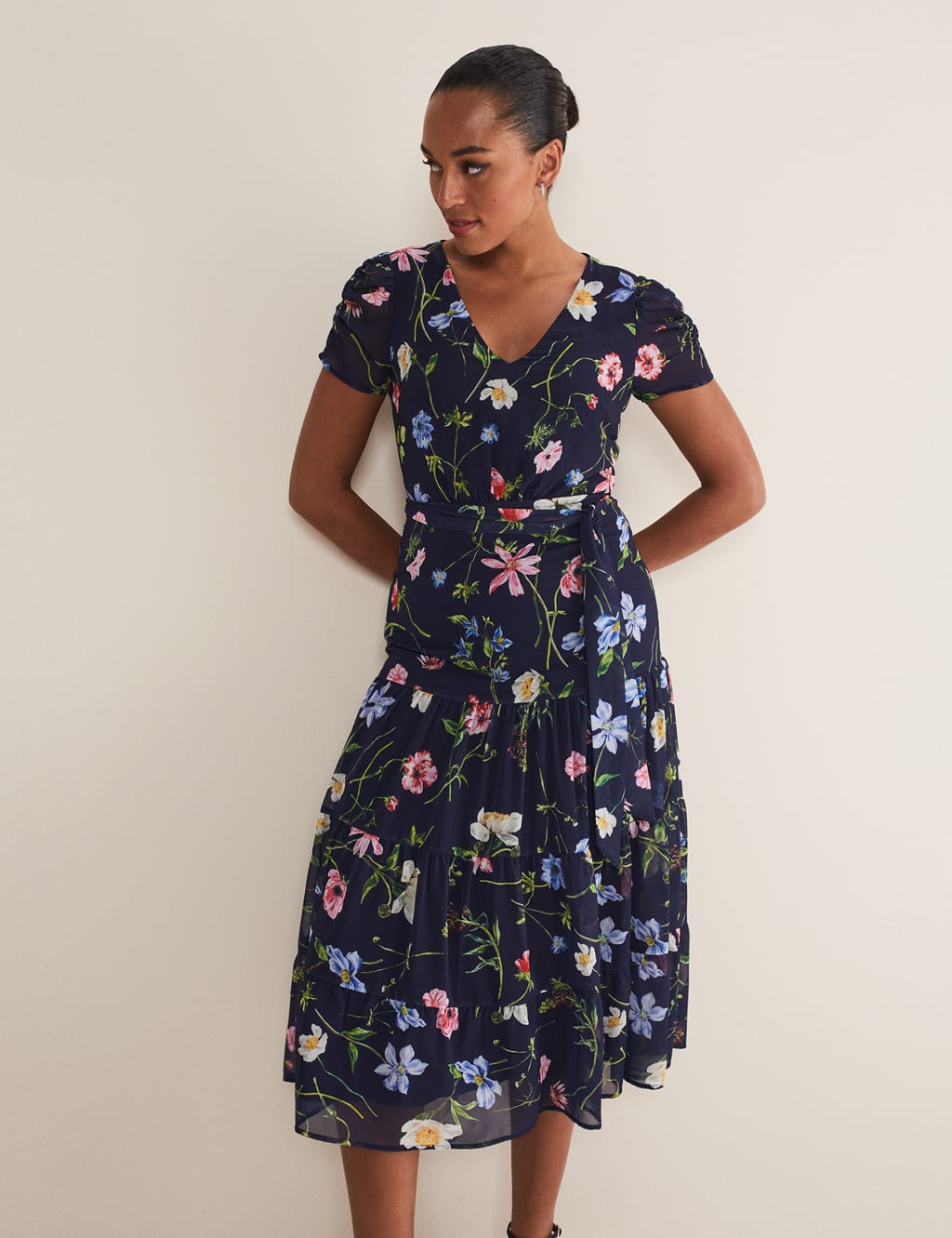 Floral V-Neck Tie Waist Midi Tiered Dress image 4