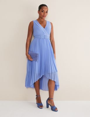 Phase Eight Women's V-Neck Belted Pleated Midaxi Tea Dress - 24 - Blue, Blue