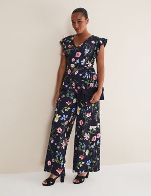 Phase Eight Womens Floral Belted Wide Leg Waisted Jumpsuit - 10 - Blue Mix, Blue Mix