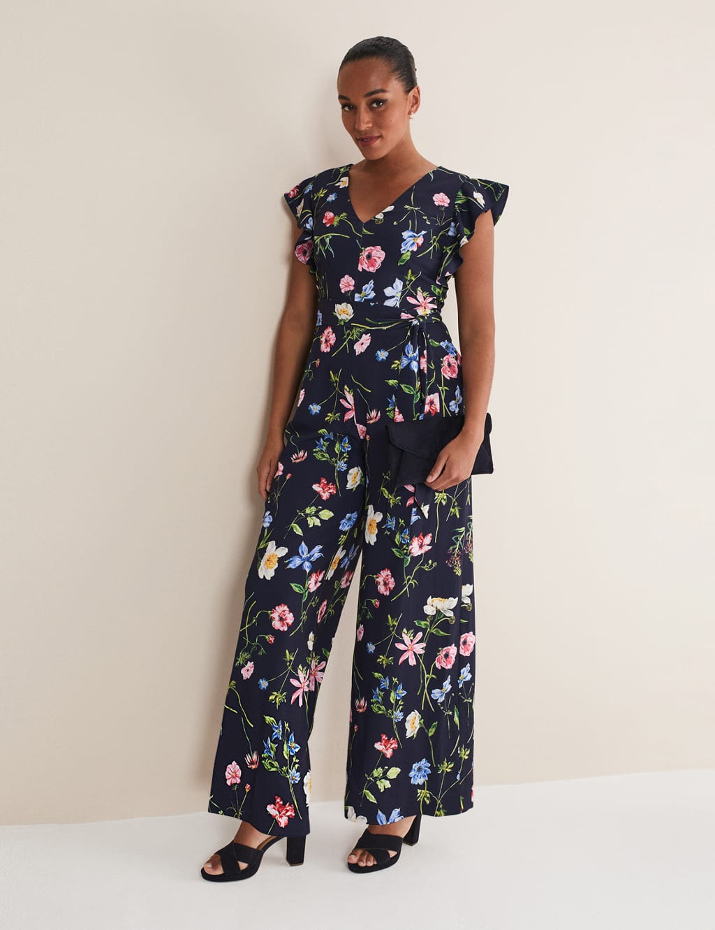 Floral Belted Wide Leg Waisted Jumpsuit