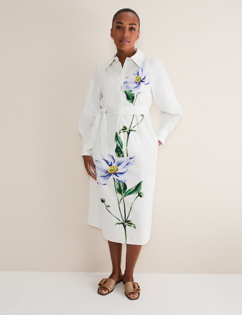 Cotton Rich Floral Midi Shirt Dress image 1