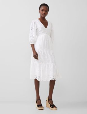 French Connection Women's Pure Cotton Broderie V-Neck Midi Tiered Dress - 16 - White, White