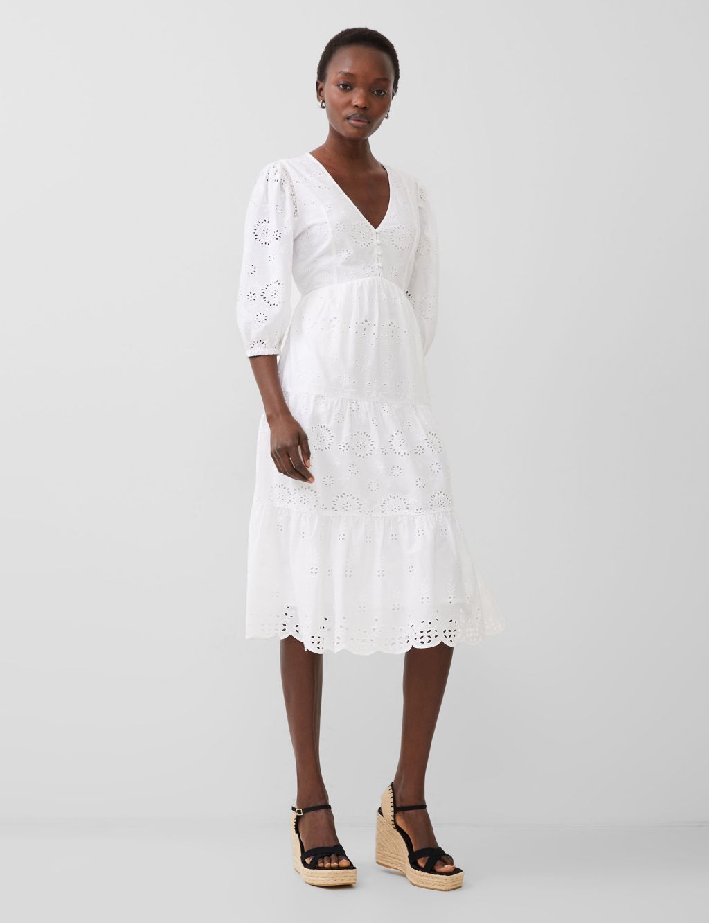 Pure Cotton Broderie V-Neck Midi Tiered Dress