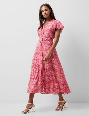 French Connection Womens Floral V-Neck Midi Shift Dress - 6 - Red Mix, Red Mix