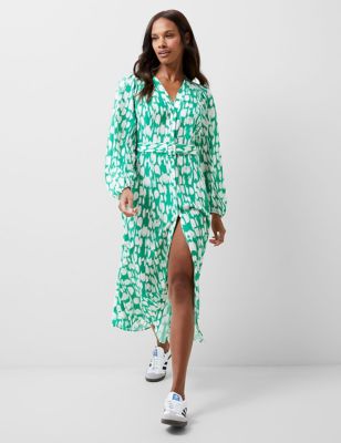 French Connection Womens Printed V-Neck Midaxi Shirt Dress - 8 - Green Mix, Green Mix,Blue Mix