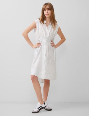 French Connection Womens Pure Cotton Striped Tie Waist Shirt Dress - White Mix, White Mix