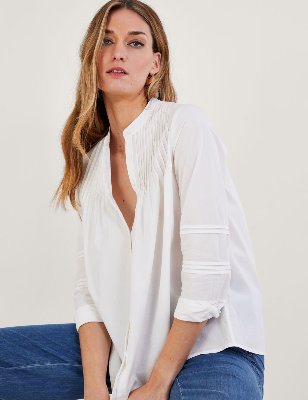Pure Cotton Longline Relaxed Pintuck Blouse image 4