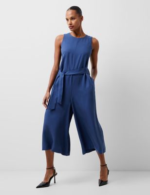 French Connection Women's Lyocell Cropped Wide Leg Jumpsuit - Blue, Blue,Brown