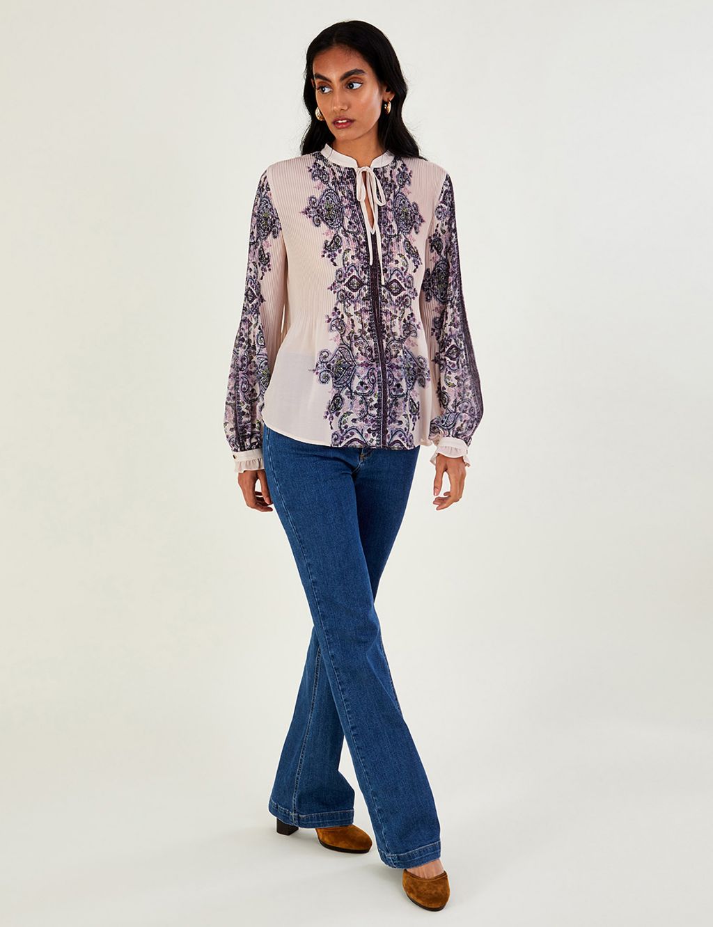 Printed Pleated V-Neck Blouse image 1