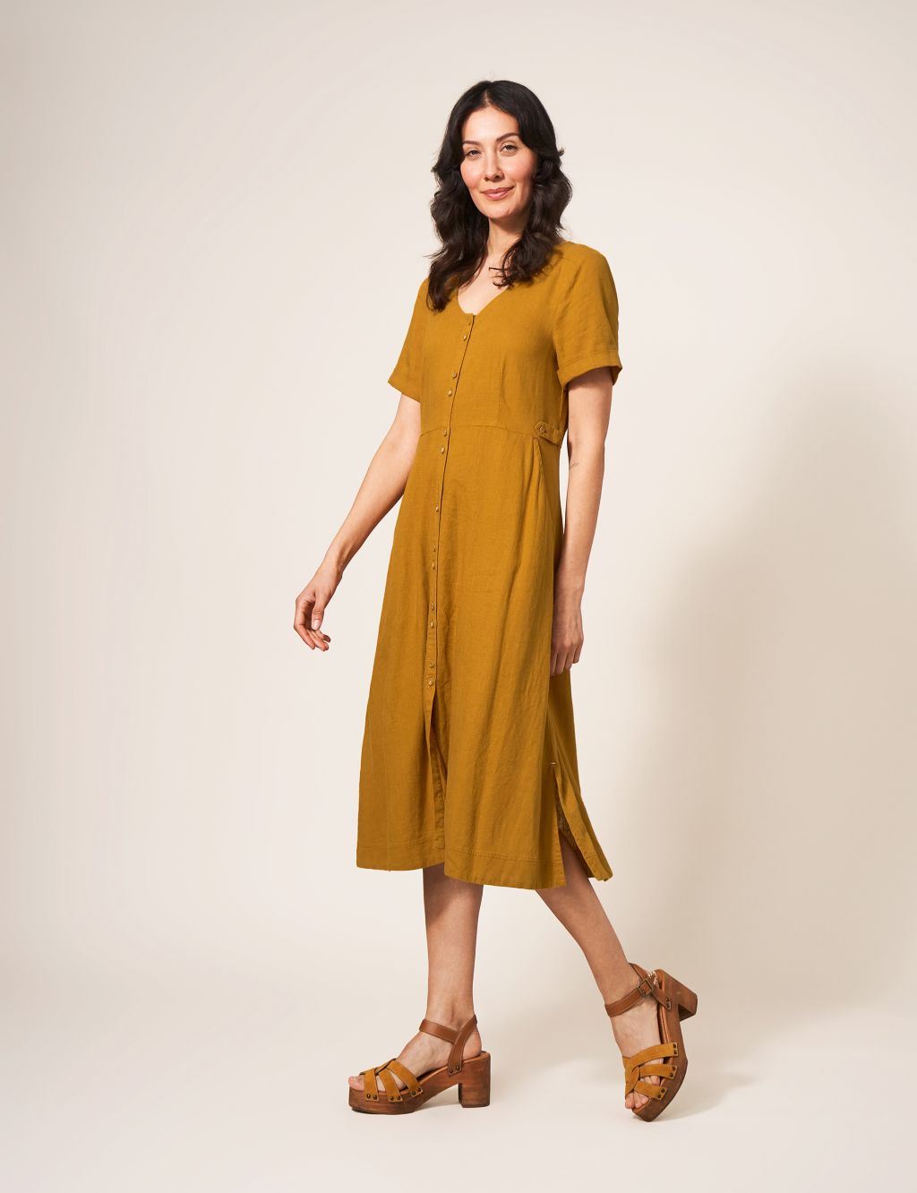 V-Neck Midi Tea Dress with Linen image 1