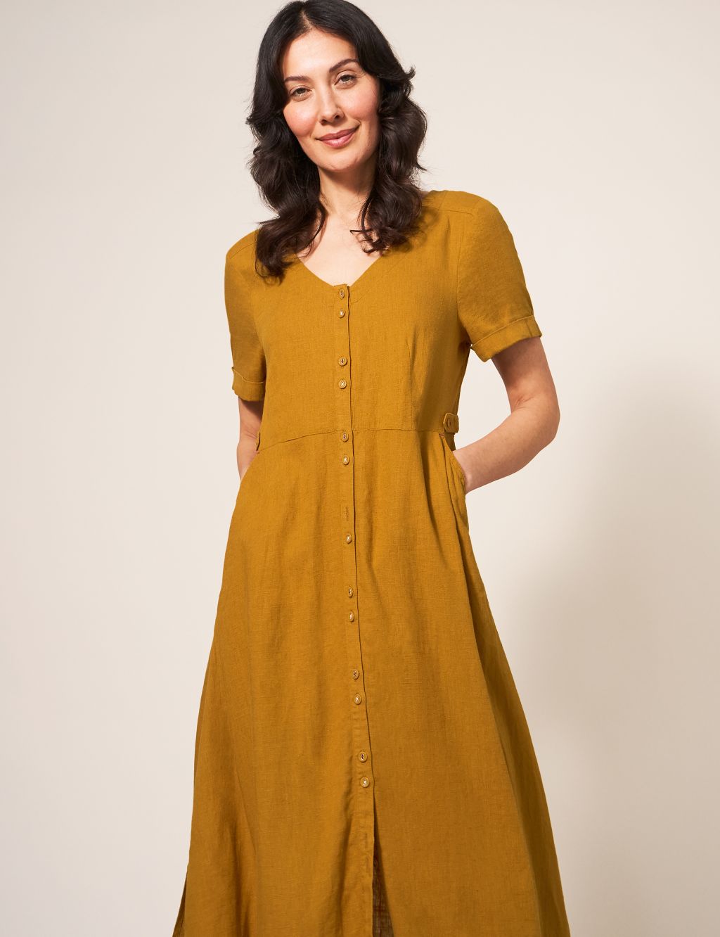 V-Neck Midi Tea Dress with Linen image 4