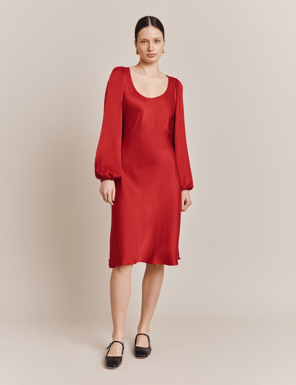 Satin Blouson Sleeve Knee Length Swing Dress image 1
