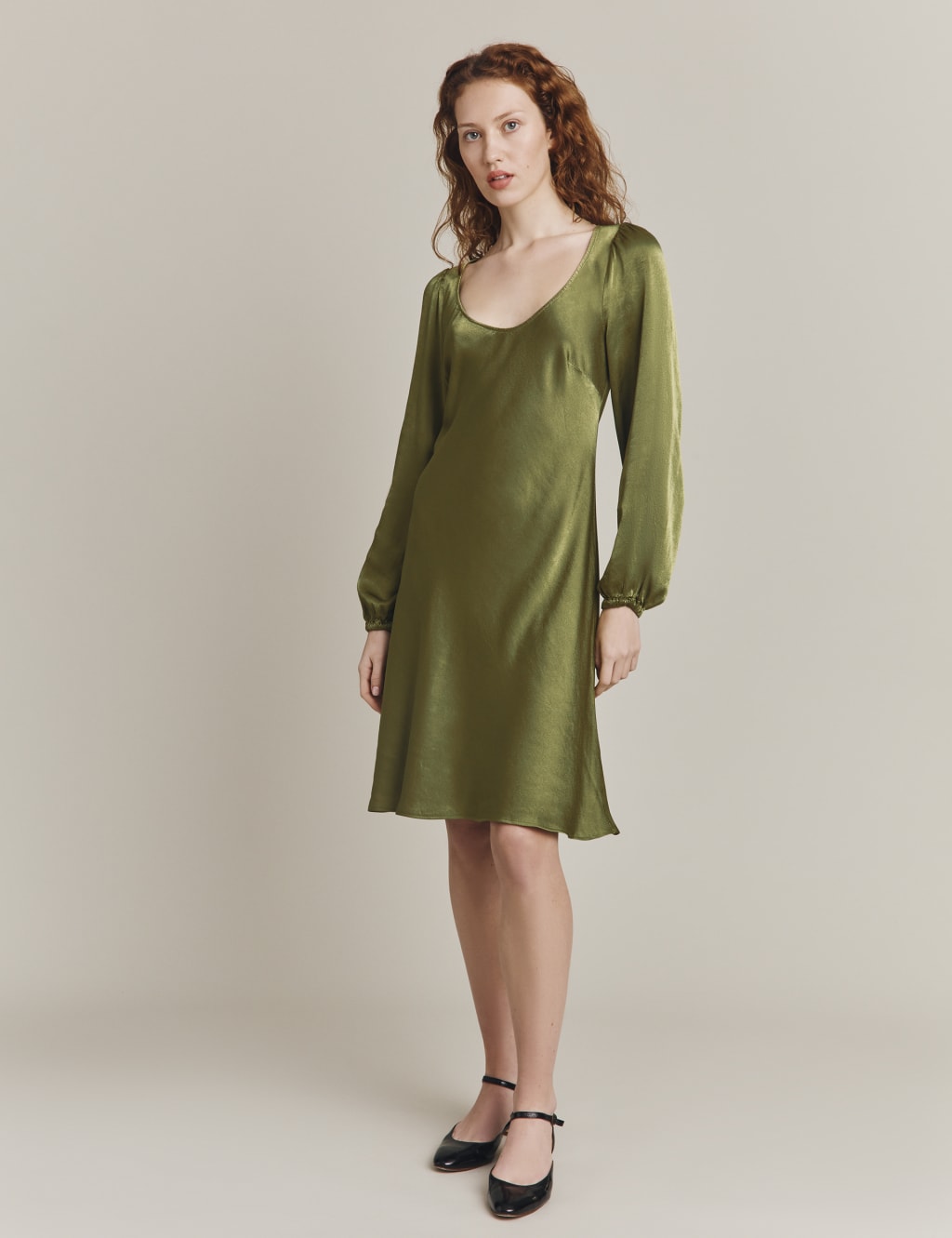 Satin Blouson Sleeve Knee Length Swing Dress image 1