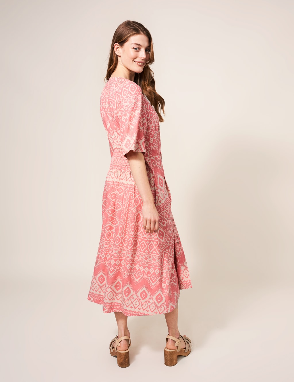 Printed V-Neck Midi Waisted Dress with Linen image 3