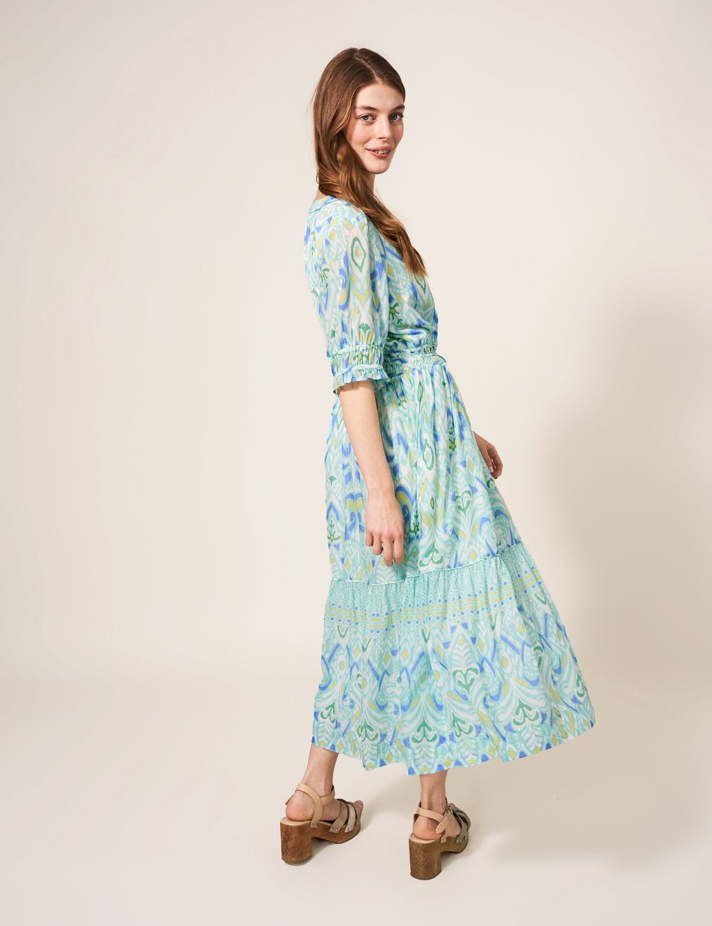 Cotton Rich Printed V-Neck Midi Tiered Dress image 2