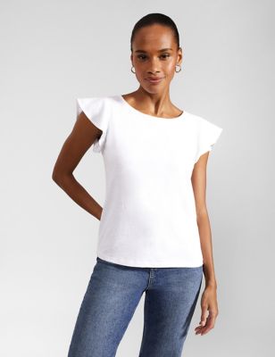 Hobbs Womens Pure Cotton Frill Sleeve Top - White, White