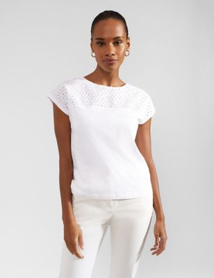 Hobbs Womens Pure Cotton Broderie Slash Neck Top - White, White