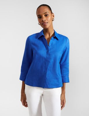 Hobbs Womens Pure Linen Collared Shirt - 10 - Blue, Blue,White