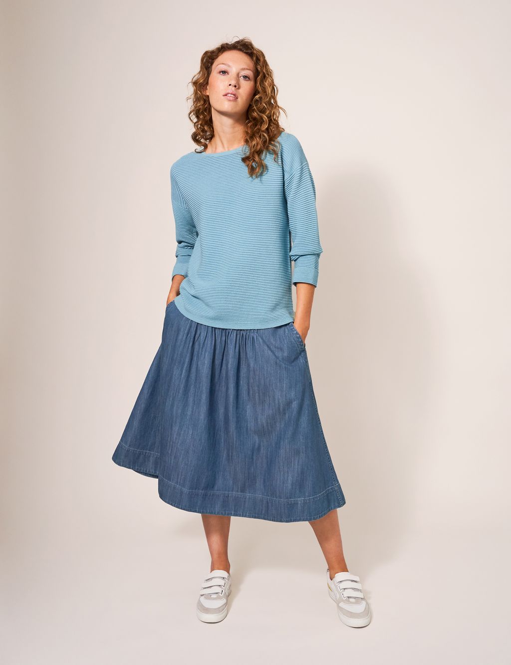 Denim Pleat Front Midi Skirt